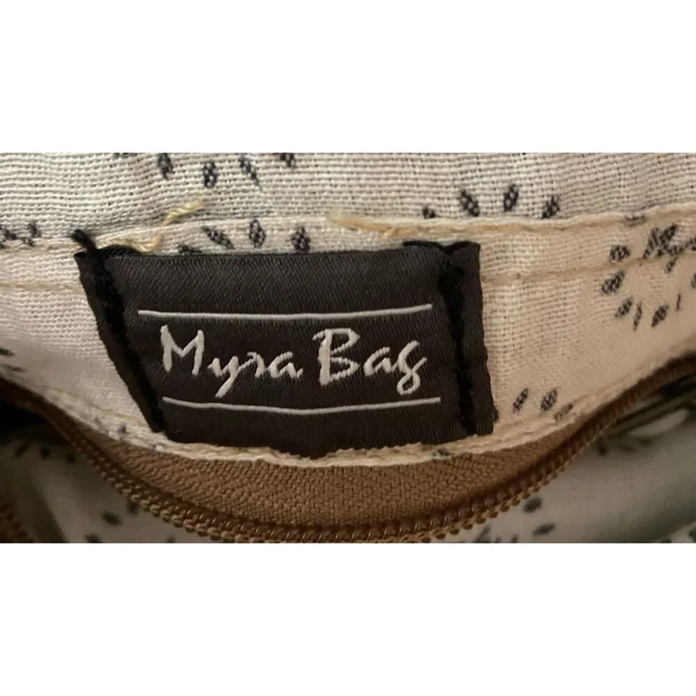 Myra Bag Cowhide Leather Canvas Backpack Brown Ivory Gray Multi Pocket